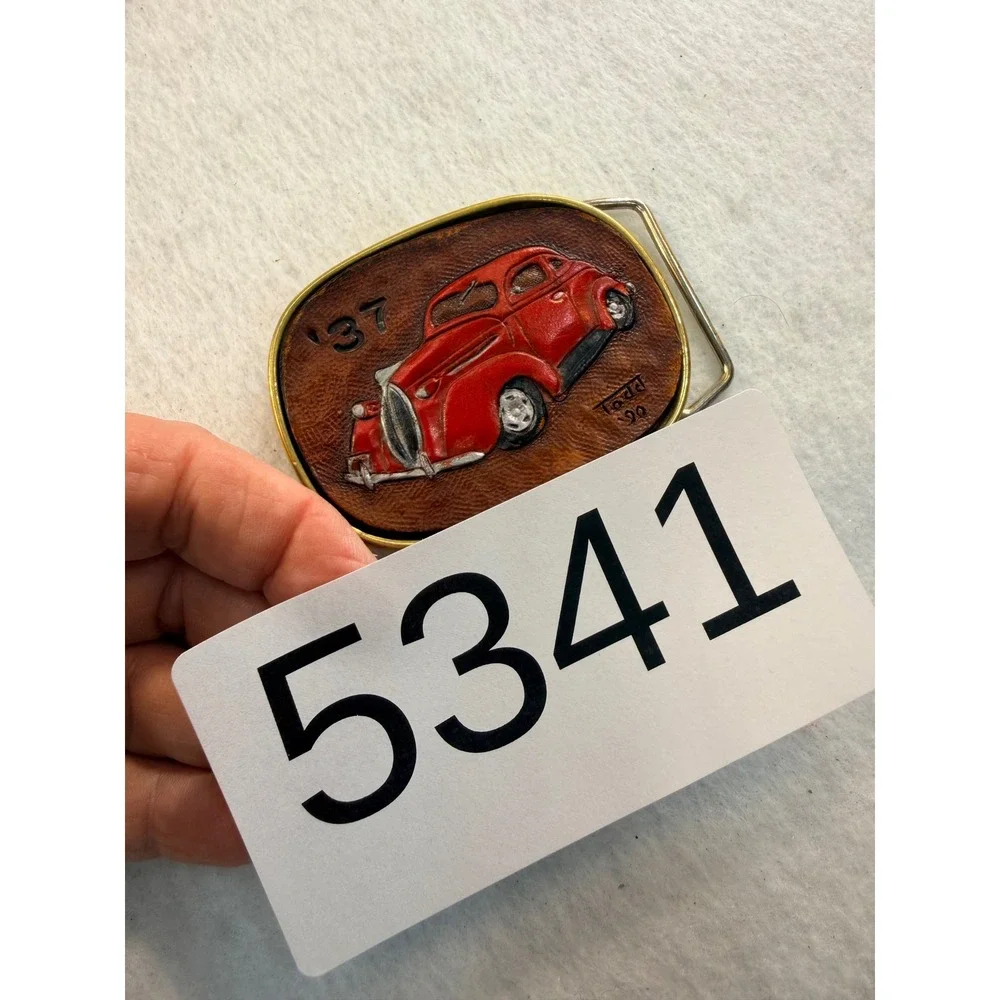 Vintage 1990 Todd Handcrafted Leather 1937 Car Solid Brass Belt Buckle Red Car